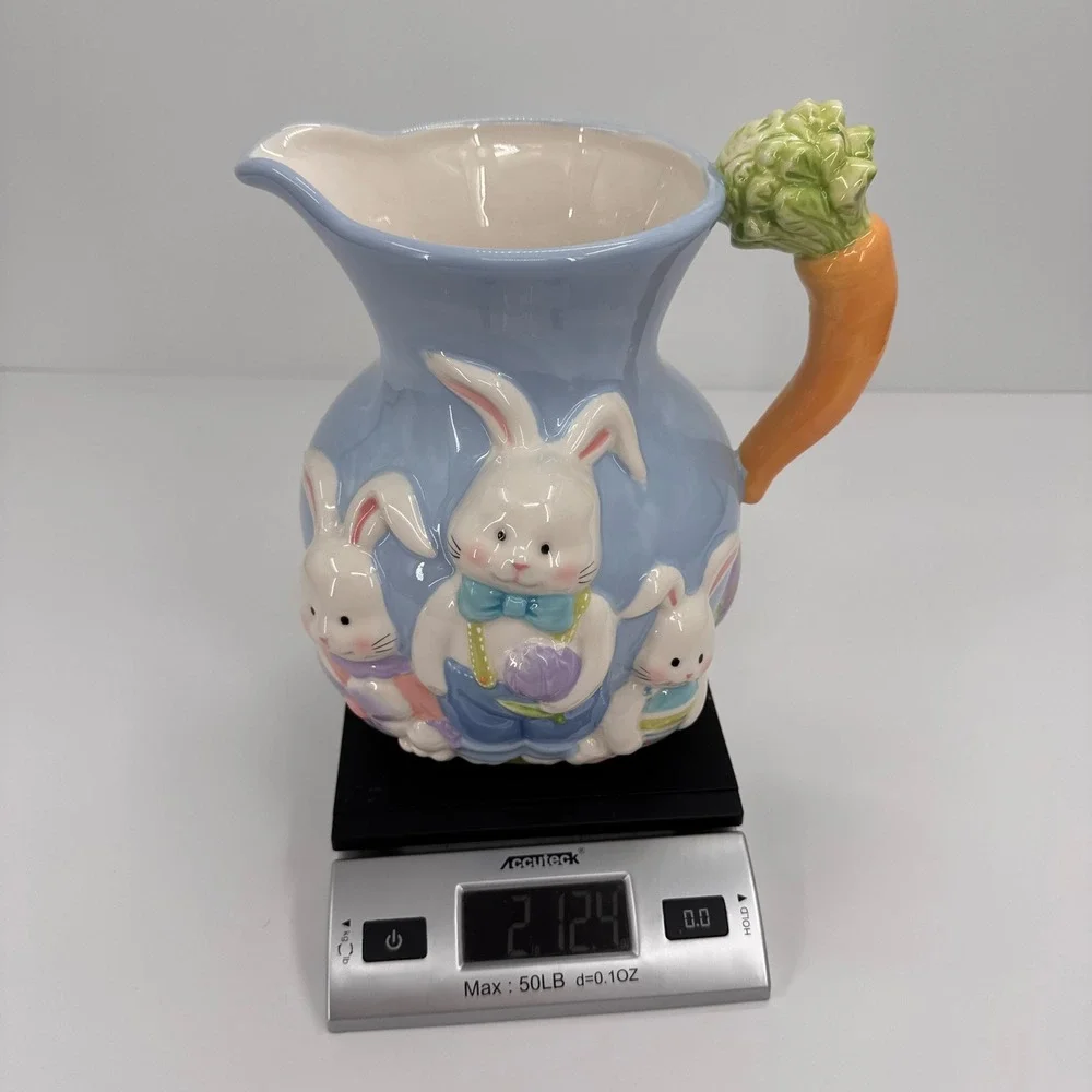 Blossoms & Blooms Easter‎ Bunny Rabbit Ceramic Pitcher Carrot Handle Blue 8